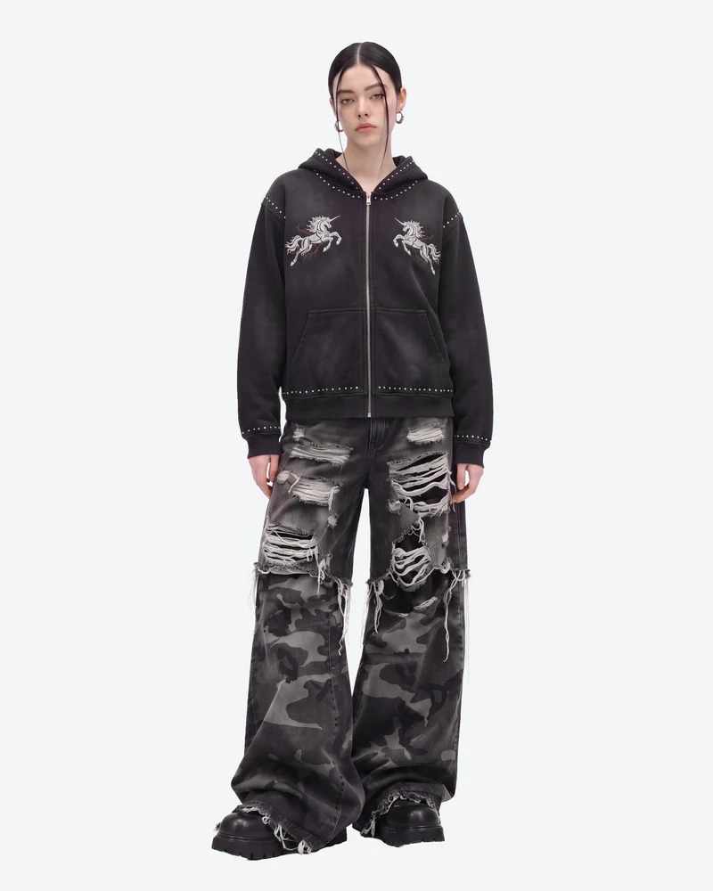 KIIKIO Retro Studded Gothic Zip-Up Hoodie