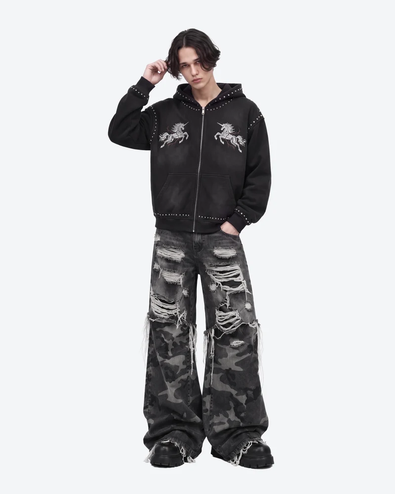 KIIKIO Retro Studded Gothic Zip-Up Hoodie