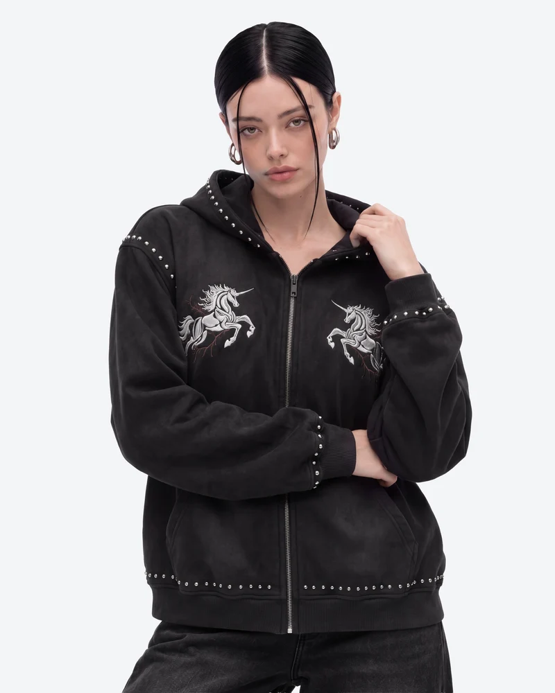 KIIKIO Retro Studded Gothic Zip-Up Hoodie