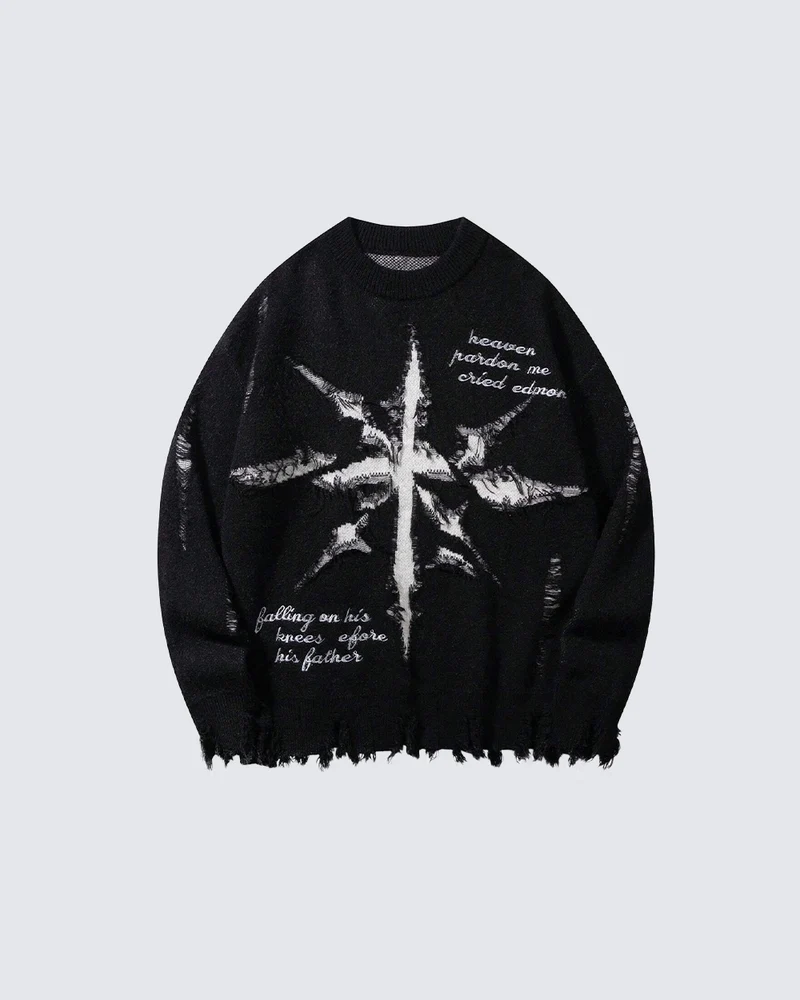 KIIKIO Distressed Cross Graphic Ripped Knit Sweater