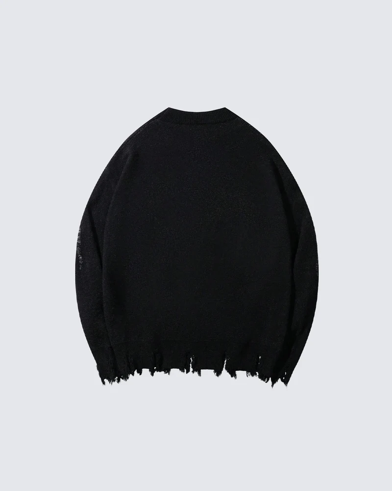 KIIKIO Distressed Cross Graphic Ripped Knit Sweater