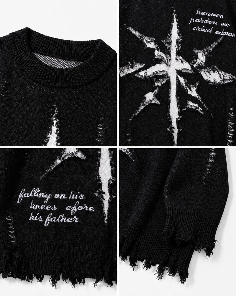 KIIKIO Distressed Cross Graphic Ripped Knit Sweater