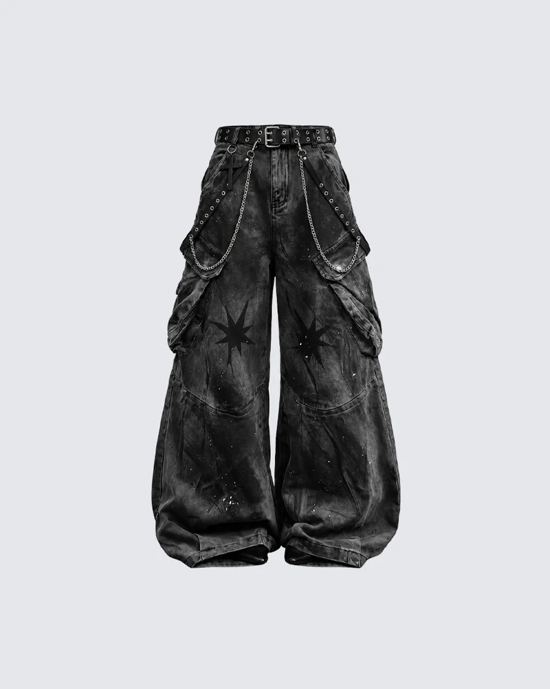KIIKIO Vintage Retro Gothic Wide-Leg Cargo Pants（Includes Waist Chain）