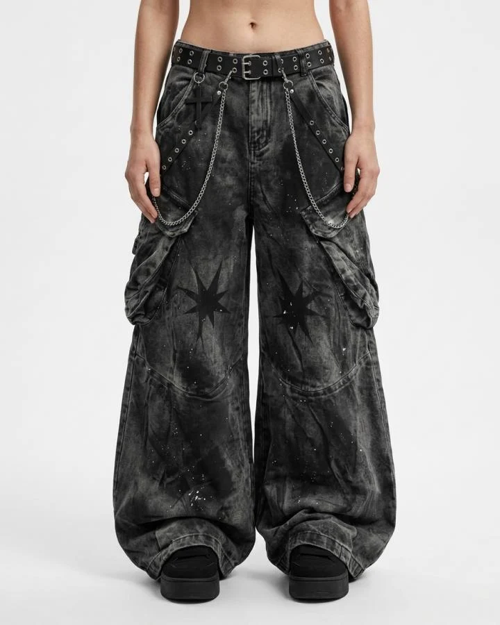 KIIKIO Vintage Retro Gothic Wide-Leg Cargo Pants（Includes Waist Chain）
