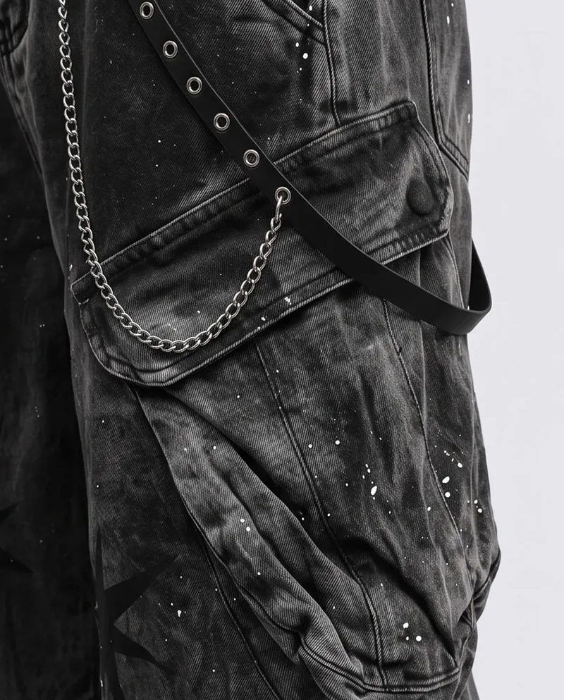 KIIKIO Vintage Retro Gothic Wide-Leg Cargo Pants（Includes Waist Chain）