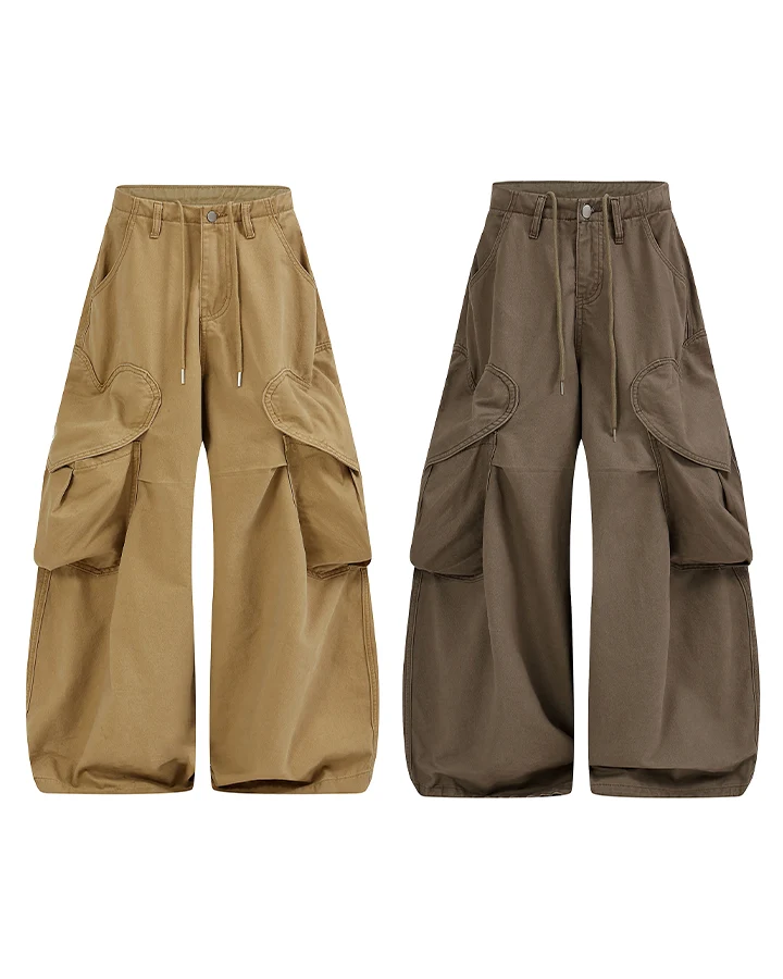 KIIKIO Vintage Washed Heart Panel Multi Pocket Cargo Pants