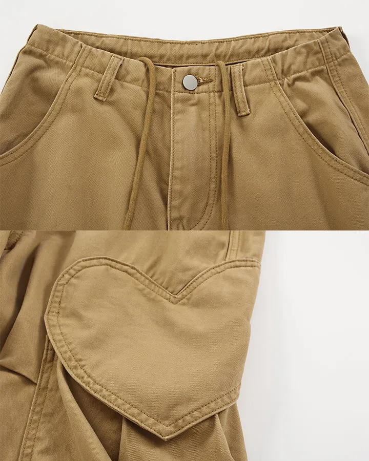 KIIKIO Vintage Washed Heart Panel Multi Pocket Cargo Pants