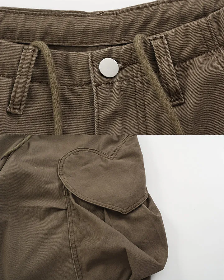 KIIKIO Vintage Washed Heart Panel Multi Pocket Cargo Pants