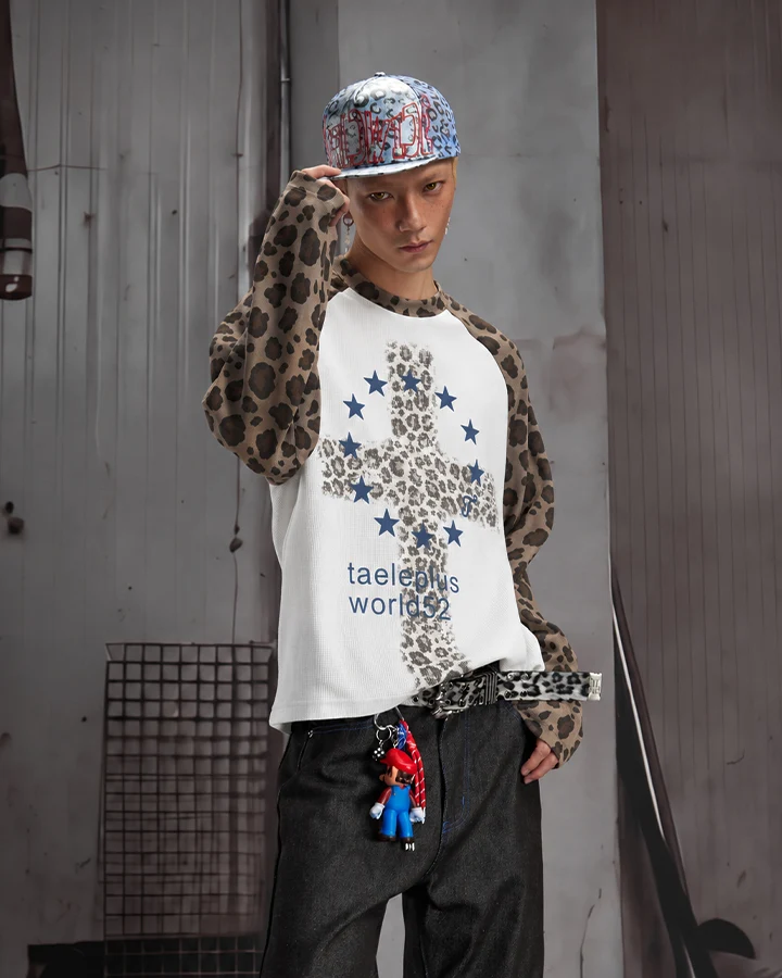 KIIKIO Leopard Sleeve Graphic Raglan Long Sleeve Tee