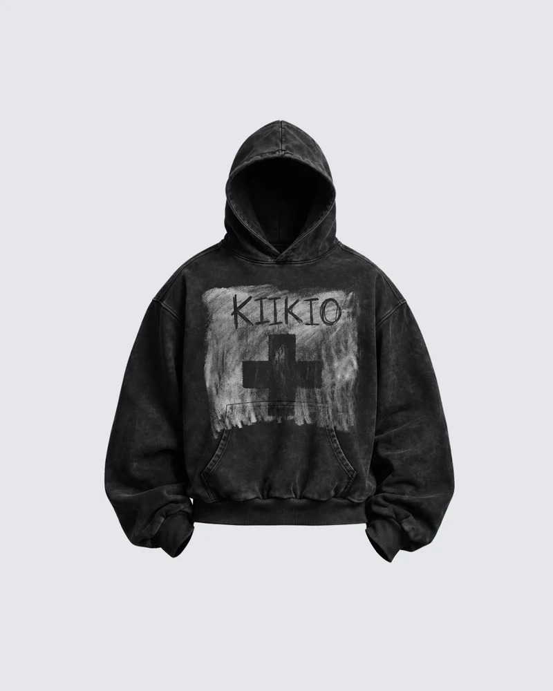 KIIKIO Retro Dark-Style Cross-Print Hoodie