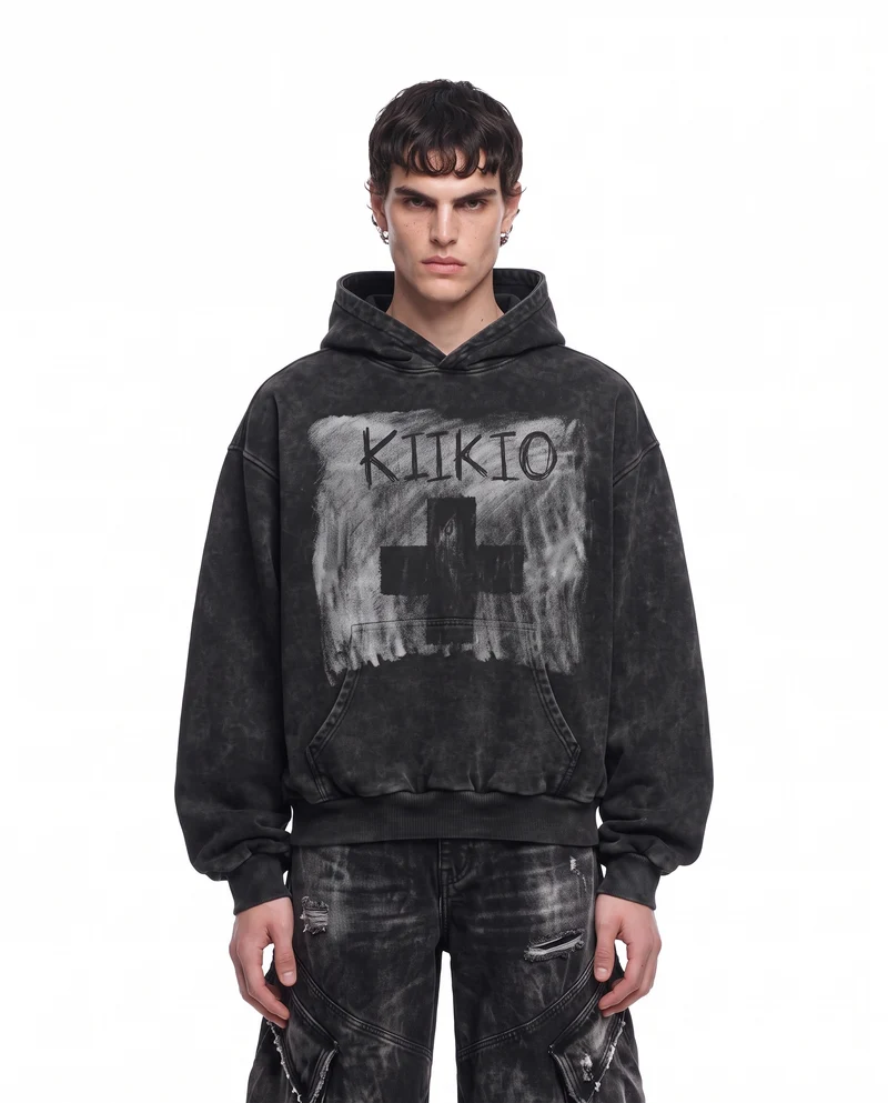 KIIKIO Retro Dark-Style Cross-Print Hoodie