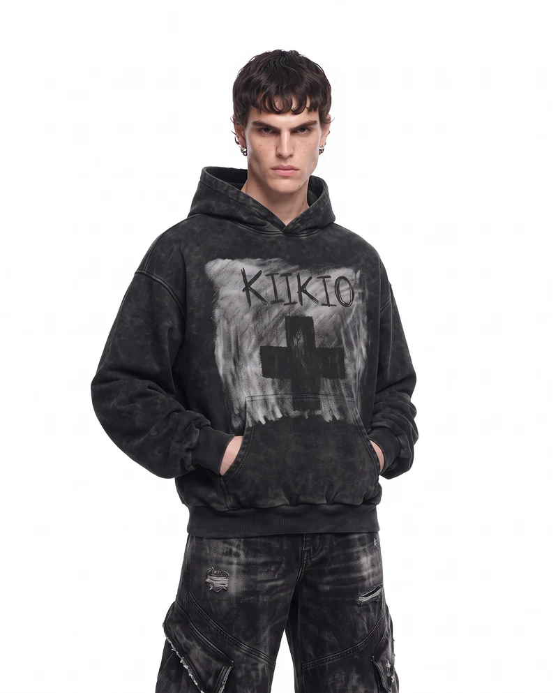 KIIKIO Retro Dark-Style Cross-Print Hoodie