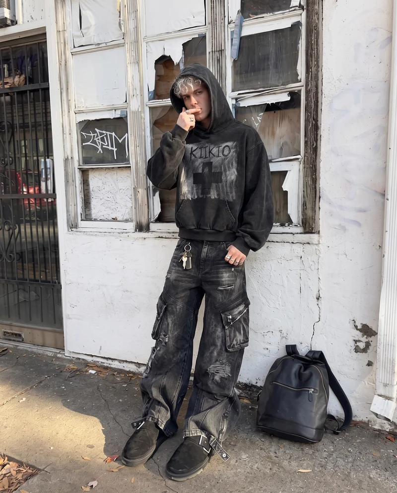 KIIKIO Retro Dark-Style Cross-Print Hoodie