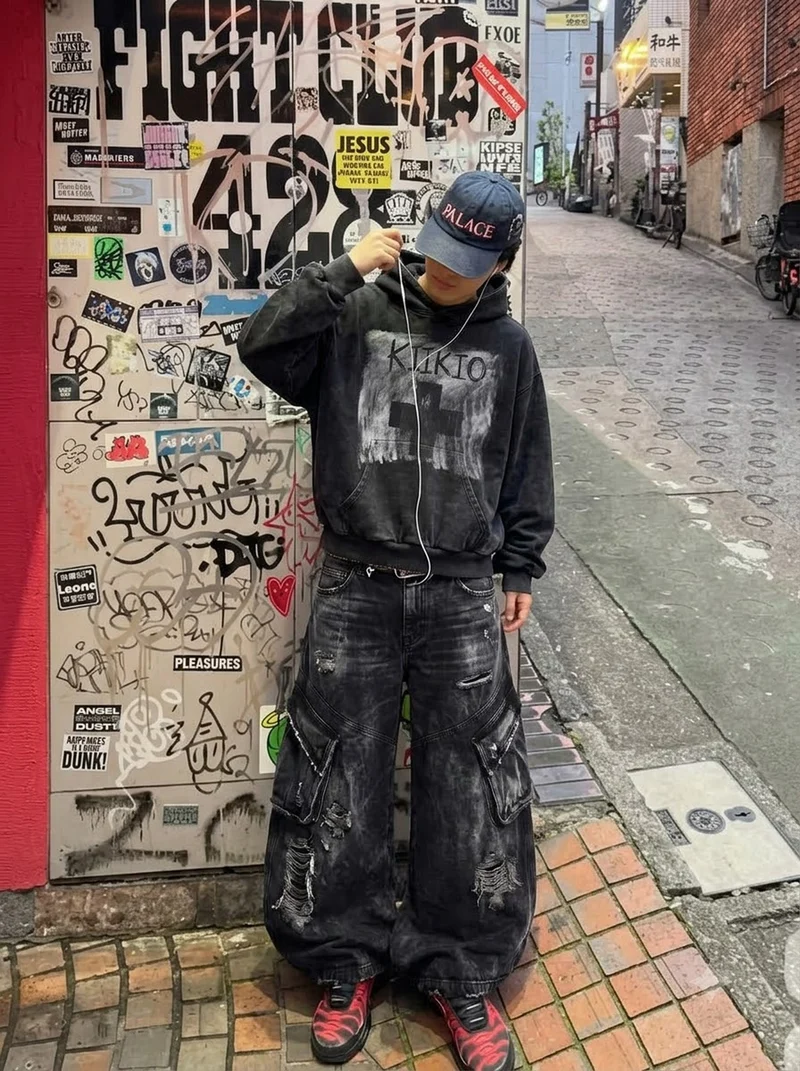 KIIKIO Retro Dark-Style Cross-Print Hoodie