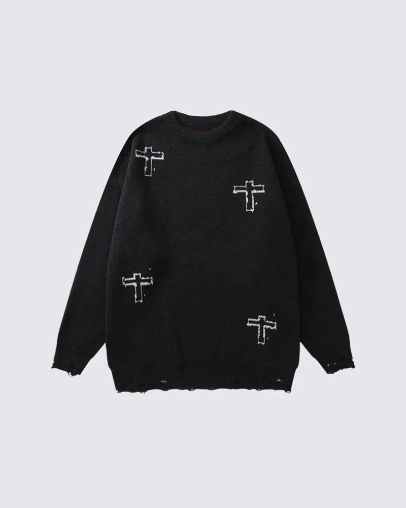 KIIKIO Gothic Cross Distressed Graphic Knit Sweater