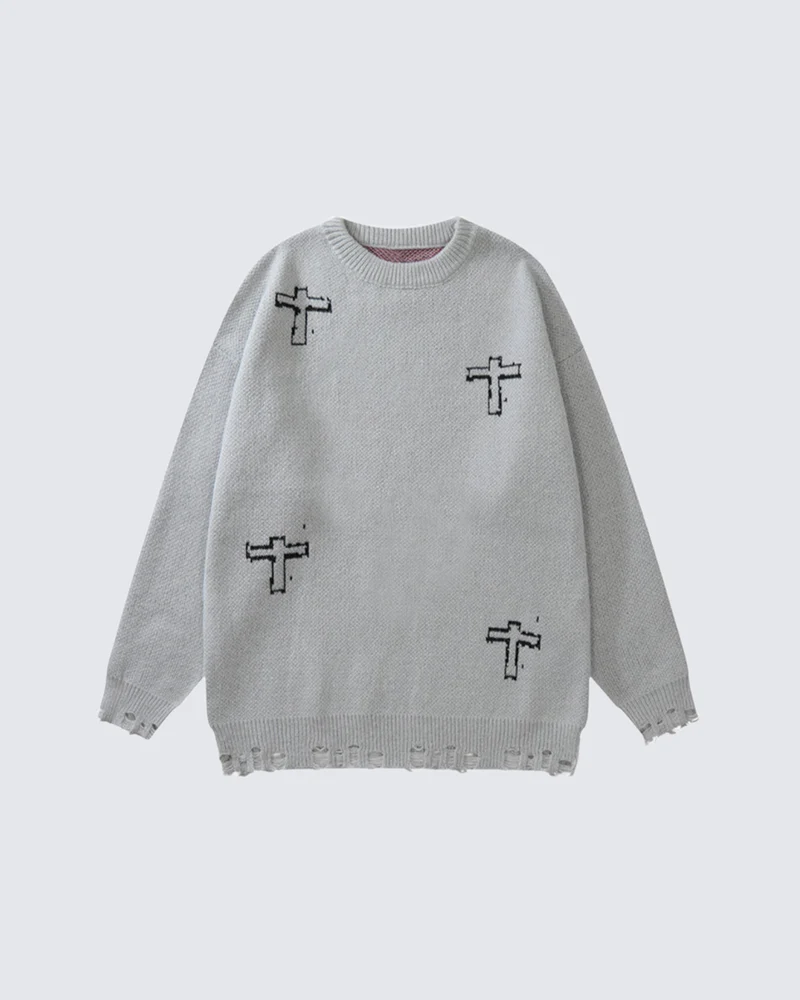 KIIKIO Gothic Cross Distressed Graphic Knit Sweater