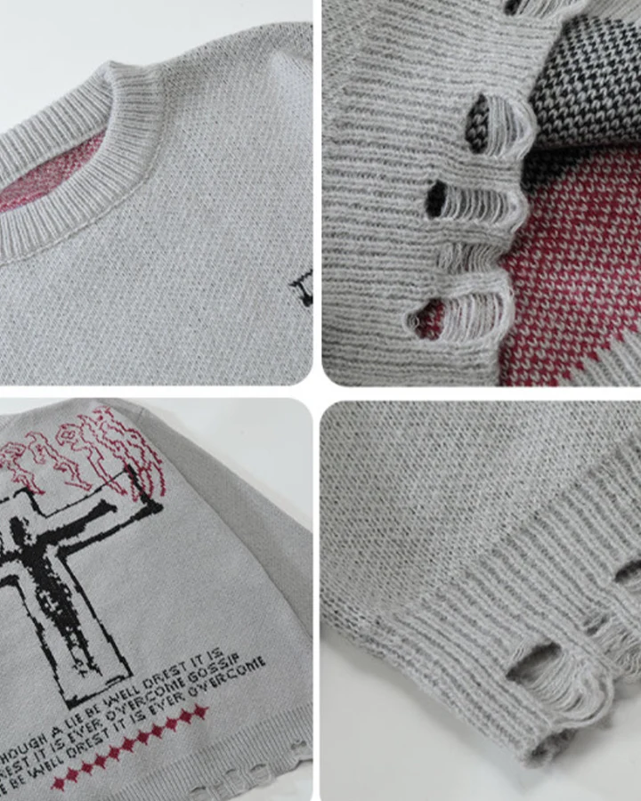 KIIKIO Gothic Cross Distressed Graphic Knit Sweater