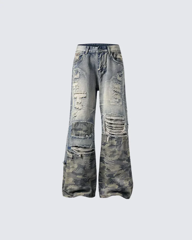 KIIKIO American-Style Vintage Distressed Patchwork Jeans