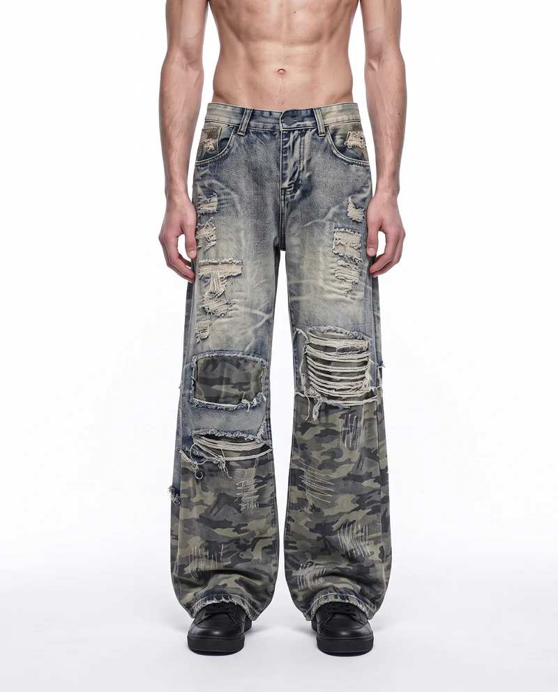 KIIKIO American-Style Vintage Distressed Patchwork Jeans