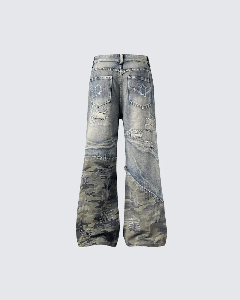 KIIKIO American-Style Vintage Distressed Patchwork Jeans