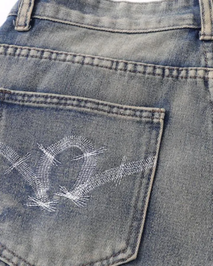 KIIKIO American-Style Vintage Distressed Patchwork Jeans