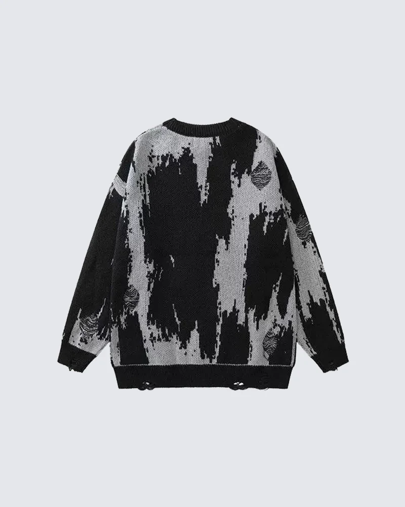 KIIKIO Dark Abstract Graphic Distressed Knit Sweater
