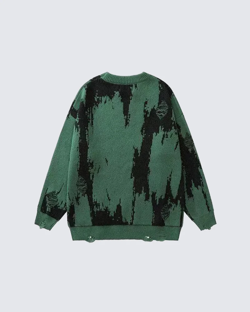 KIIKIO Dark Abstract Graphic Distressed Knit Sweater