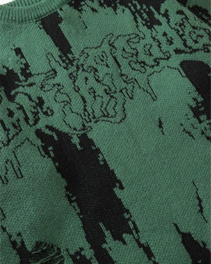 KIIKIO Dark Abstract Graphic Distressed Knit Sweater