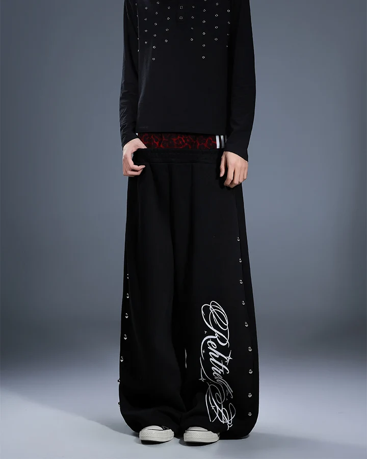 KIIKIO Leopard Waistband Studded Graphic Wide Leg Sweatpants