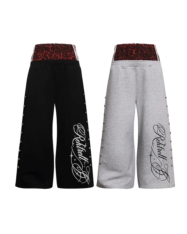 KIIKIO Leopard Waistband Studded Graphic Wide Leg Sweatpants