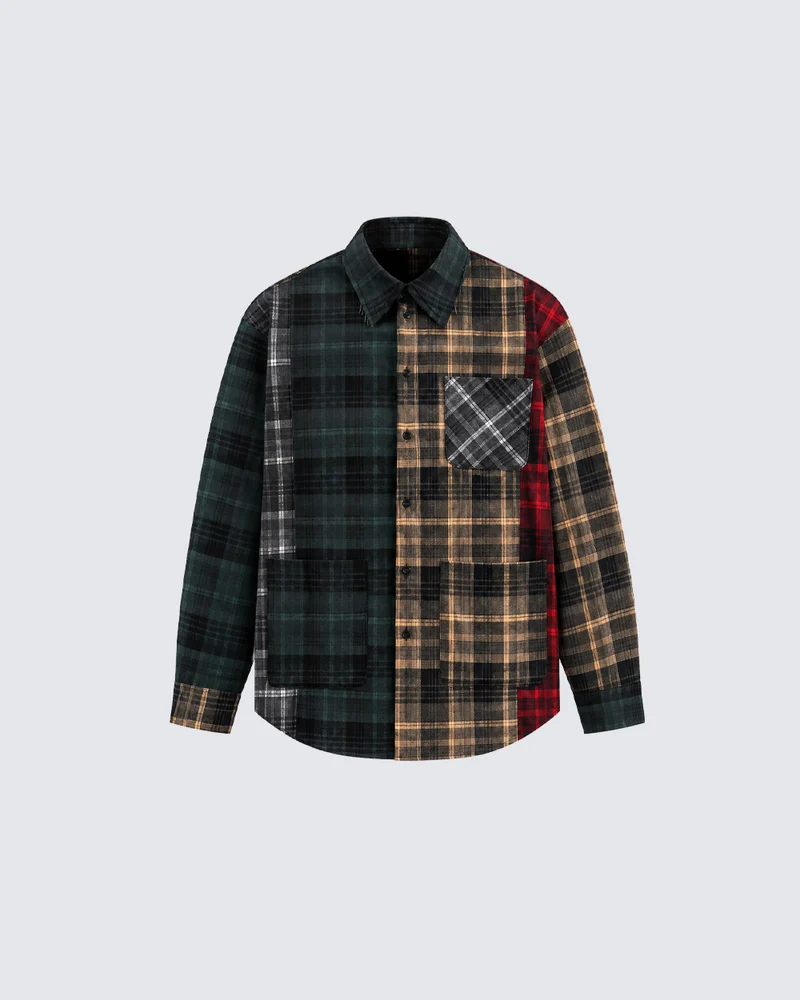 KIIKIO Vintage Patchwork Plaid Work Shirt