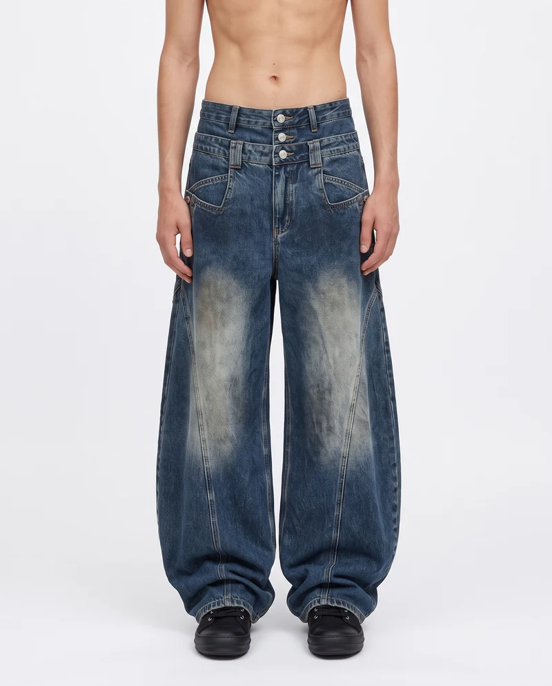 KIIKIO American Distressed Double-Waistband Jeans