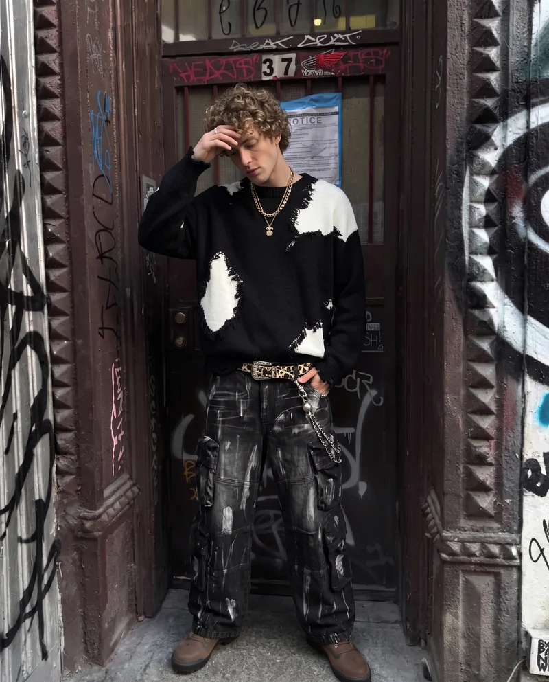 KIIKIO Vintage Distressed Patchwork Knit Sweater
