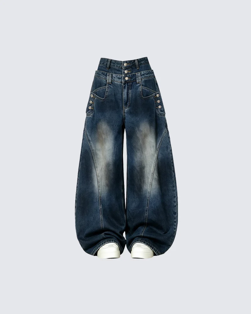 KIIKIO American Distressed Double-Waistband Jeans