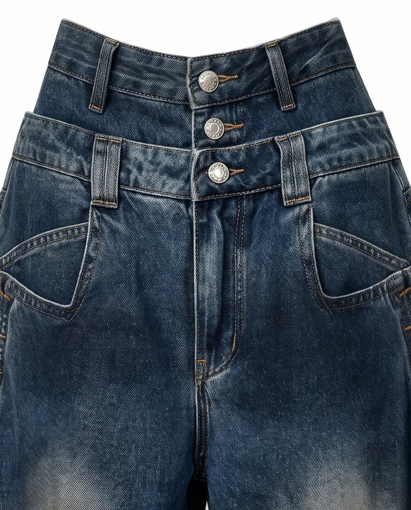 KIIKIO American Distressed Double-Waistband Jeans