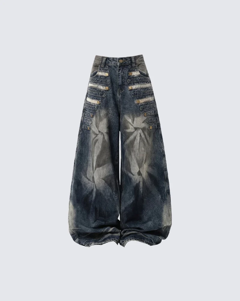 KIIKIO American-Style Individuality Wide Leg Denim Jeans