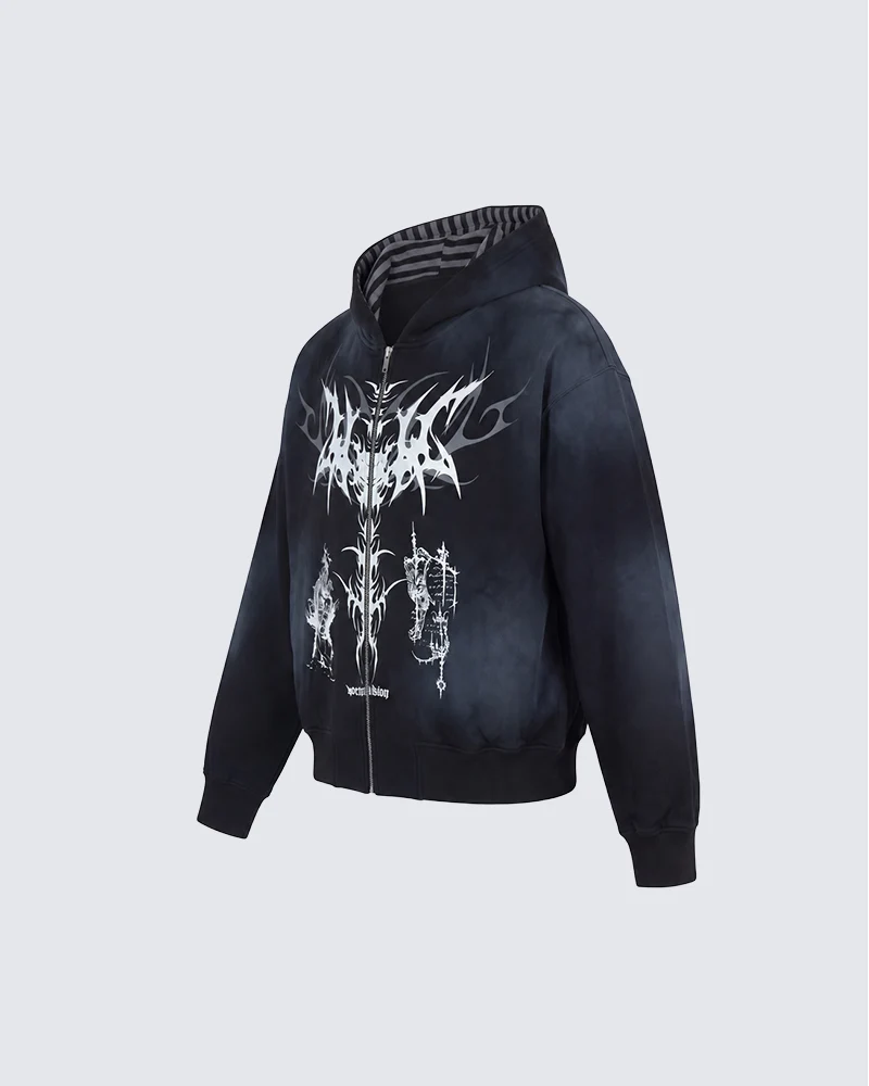 KIIKIO Dark Gothic Cross Graphic Zip Hoodie