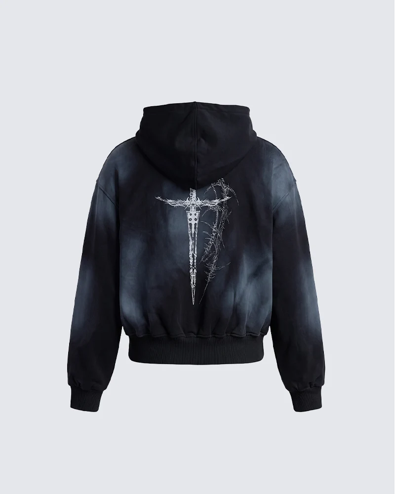 KIIKIO Dark Gothic Cross Graphic Zip Hoodie