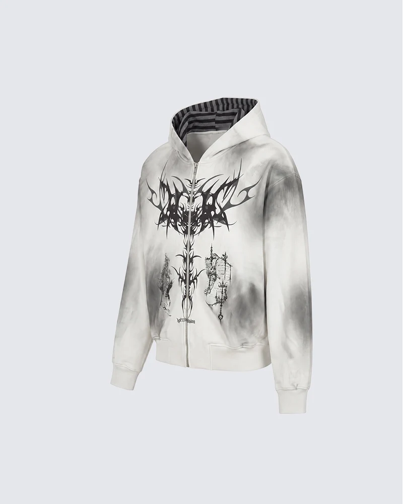 KIIKIO Dark Gothic Cross Graphic Zip Hoodie