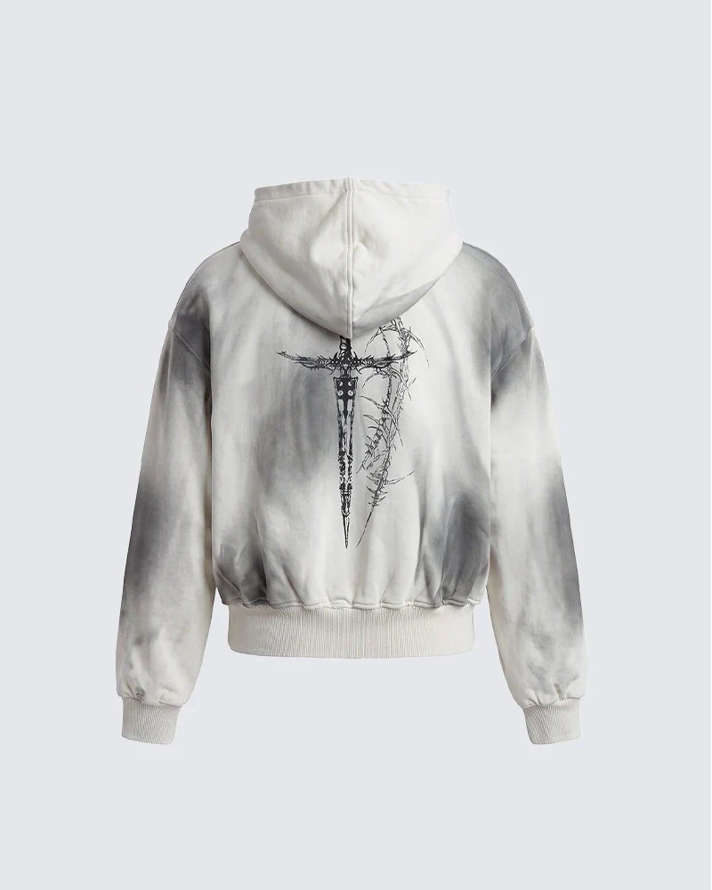 KIIKIO Dark Gothic Cross Graphic Zip Hoodie