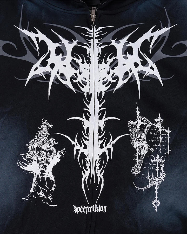 KIIKIO Dark Gothic Cross Graphic Zip Hoodie