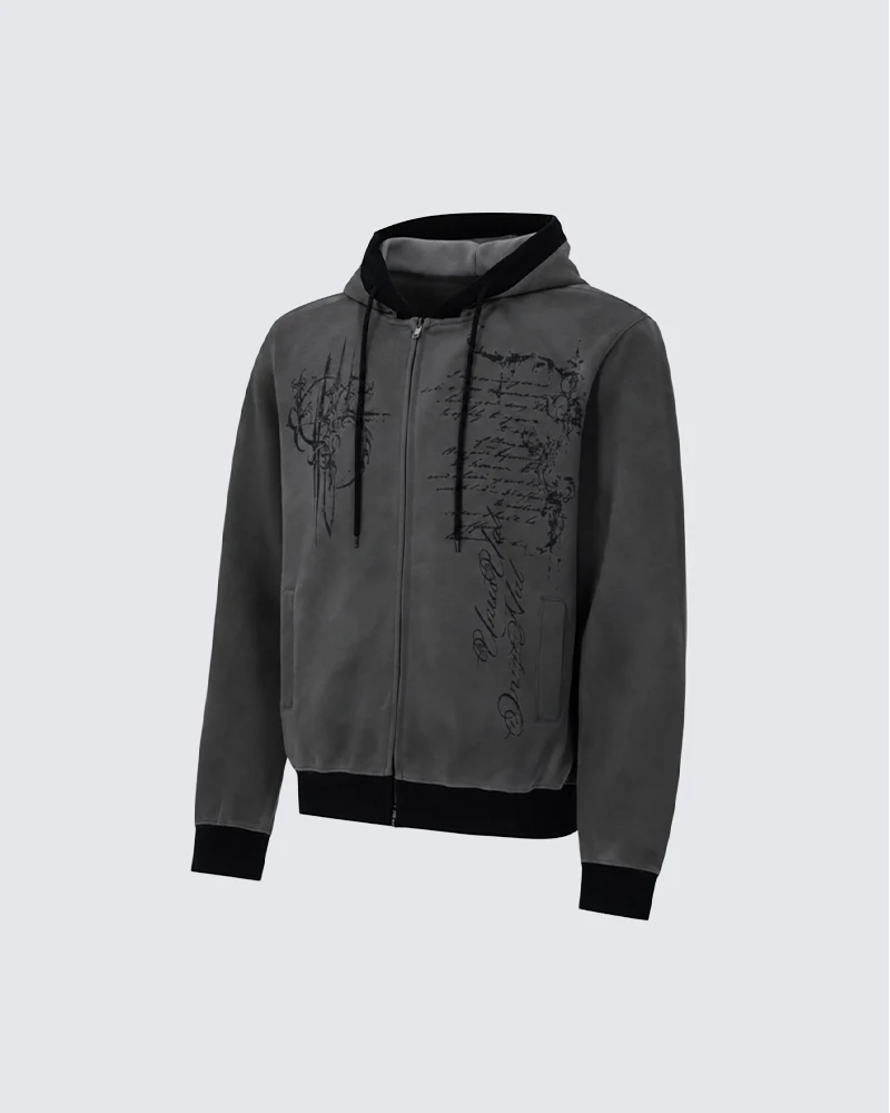 KIIKIO Gothic Script Graphic Zip Hooded Jacket