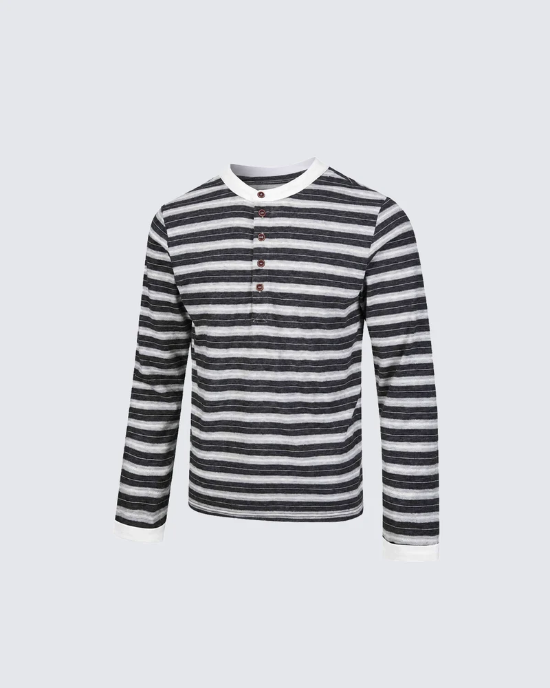 KIIKIO Retro Stripe Buttoned Long Sleeve Tee