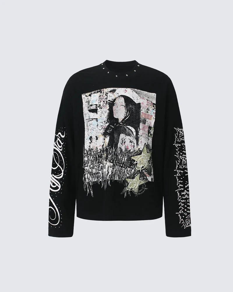 KIIKIO Dark Studded Graphic Portrait Long Sleeve Tee