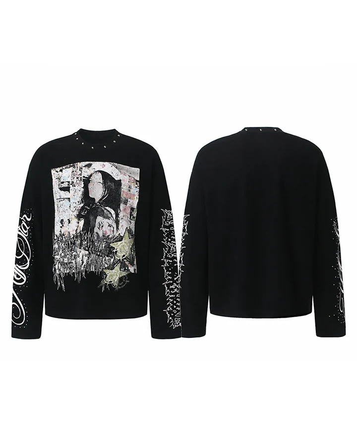 KIIKIO Dark Studded Graphic Portrait Long Sleeve Tee