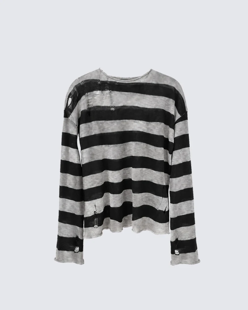 KIIKIO Vintage Distressed Striped Knit Long Sleeve T-shirt