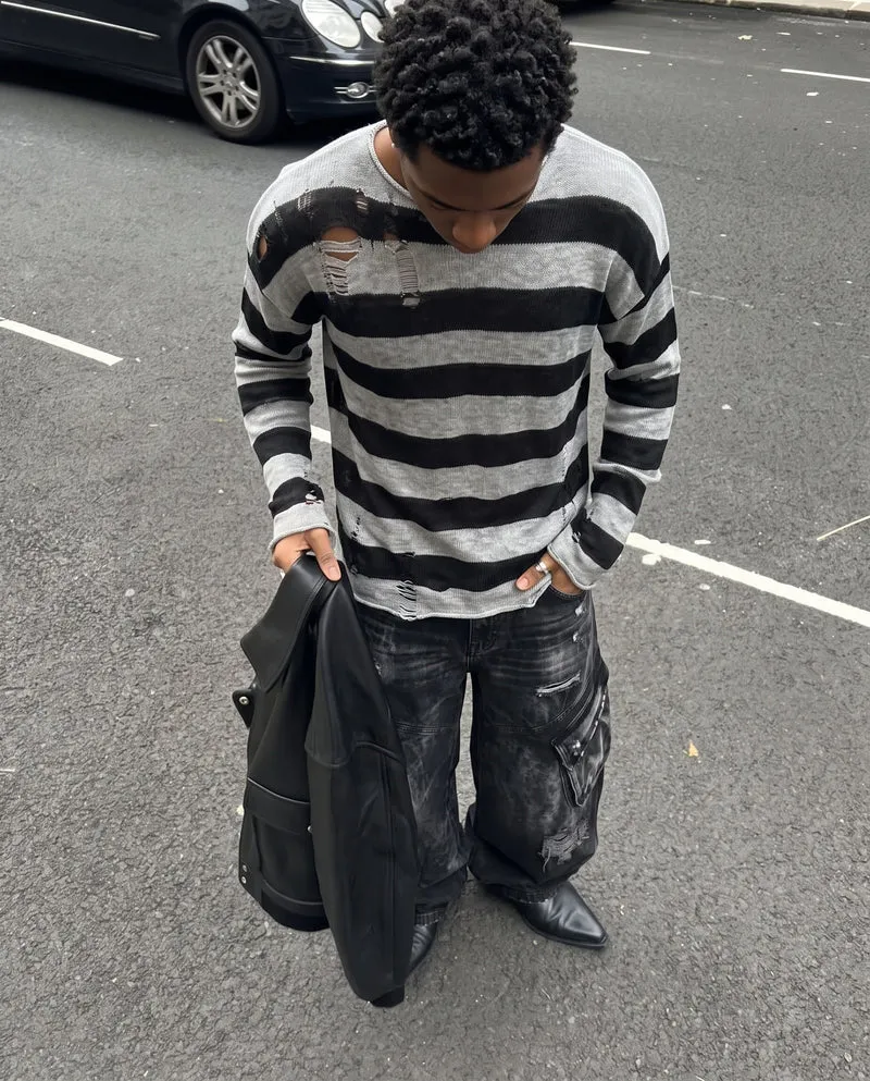 KIIKIO Vintage Distressed Striped Knit Long Sleeve T-shirt
