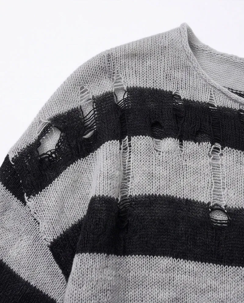 KIIKIO Vintage Distressed Striped Knit Long Sleeve T-shirt