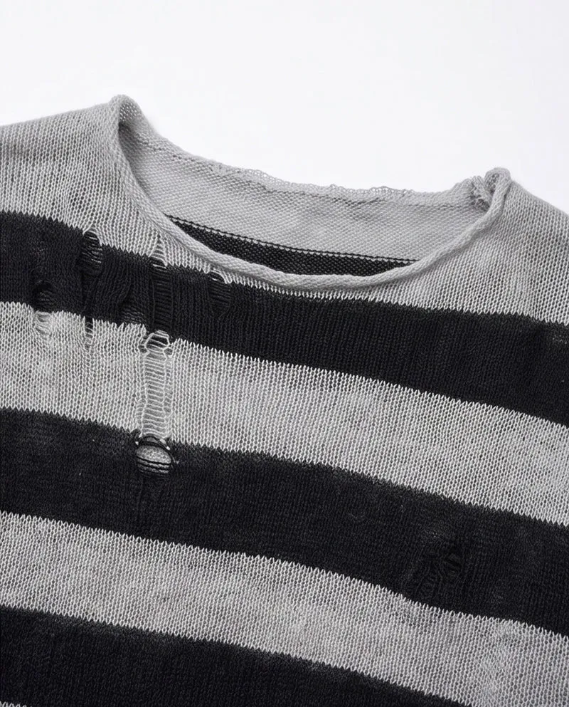 KIIKIO Vintage Distressed Striped Knit Long Sleeve T-shirt