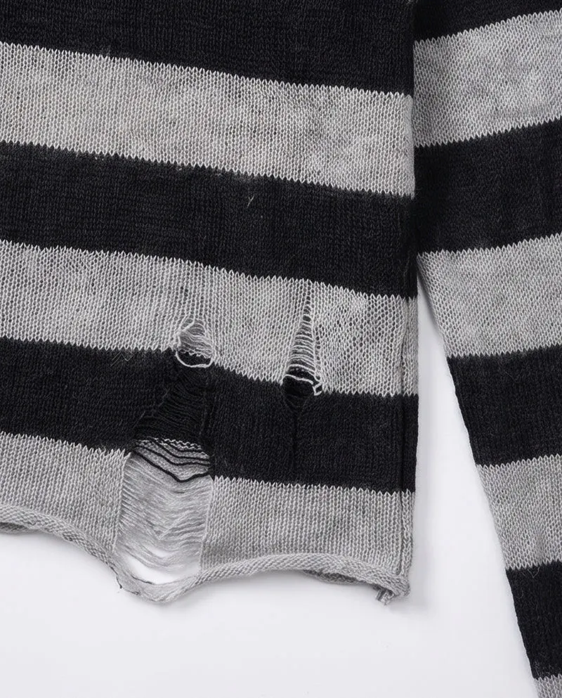KIIKIO Vintage Distressed Striped Knit Long Sleeve T-shirt